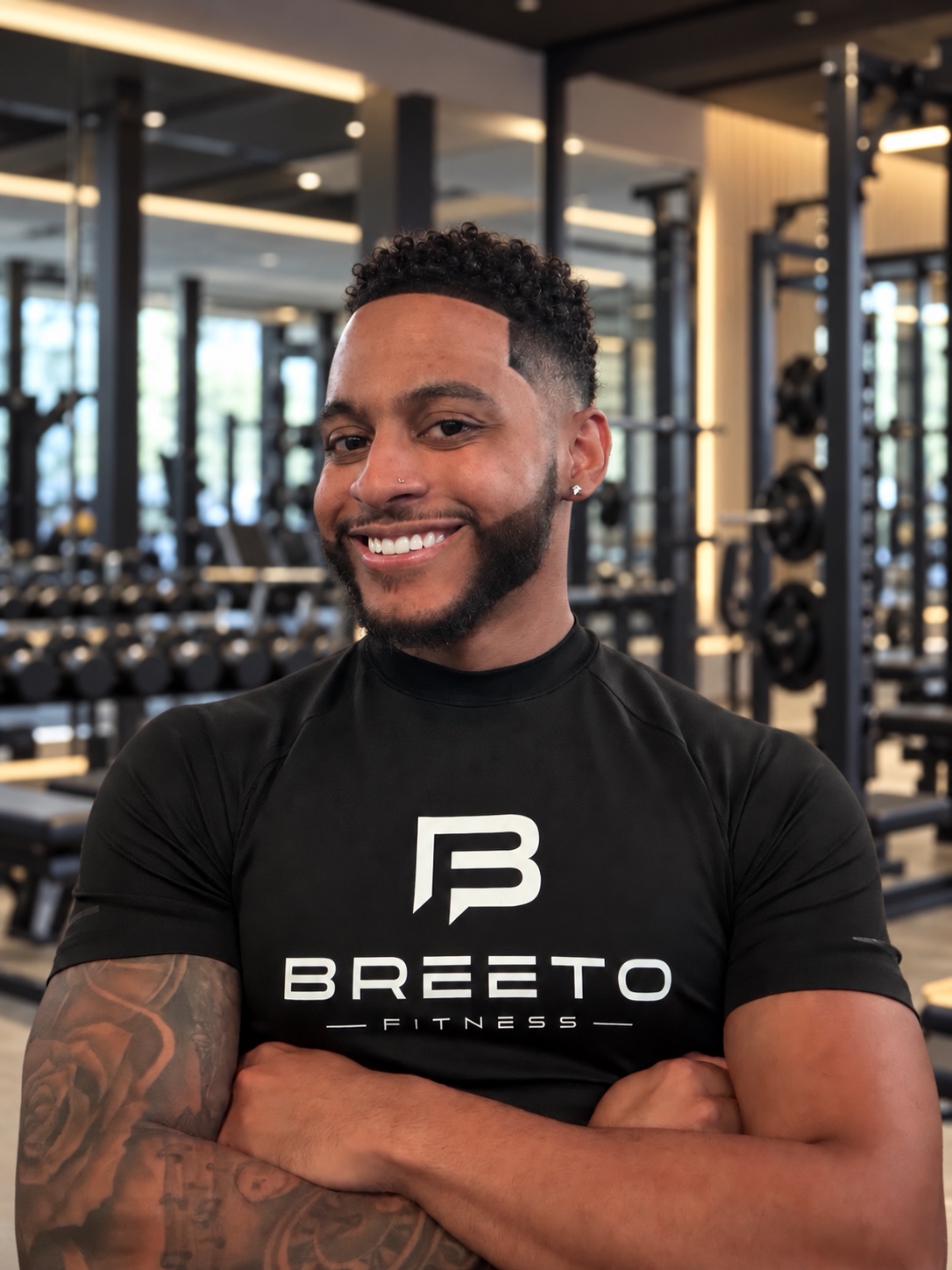 Breeto smiling in a gym wearing a Breeto Fitness shirt