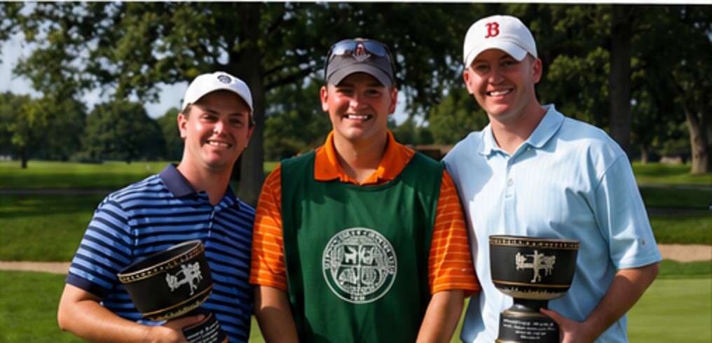 Young Tommy Bryan in a green caddy bib and orange shirt with two golfers at Wannamoisett Country Club.